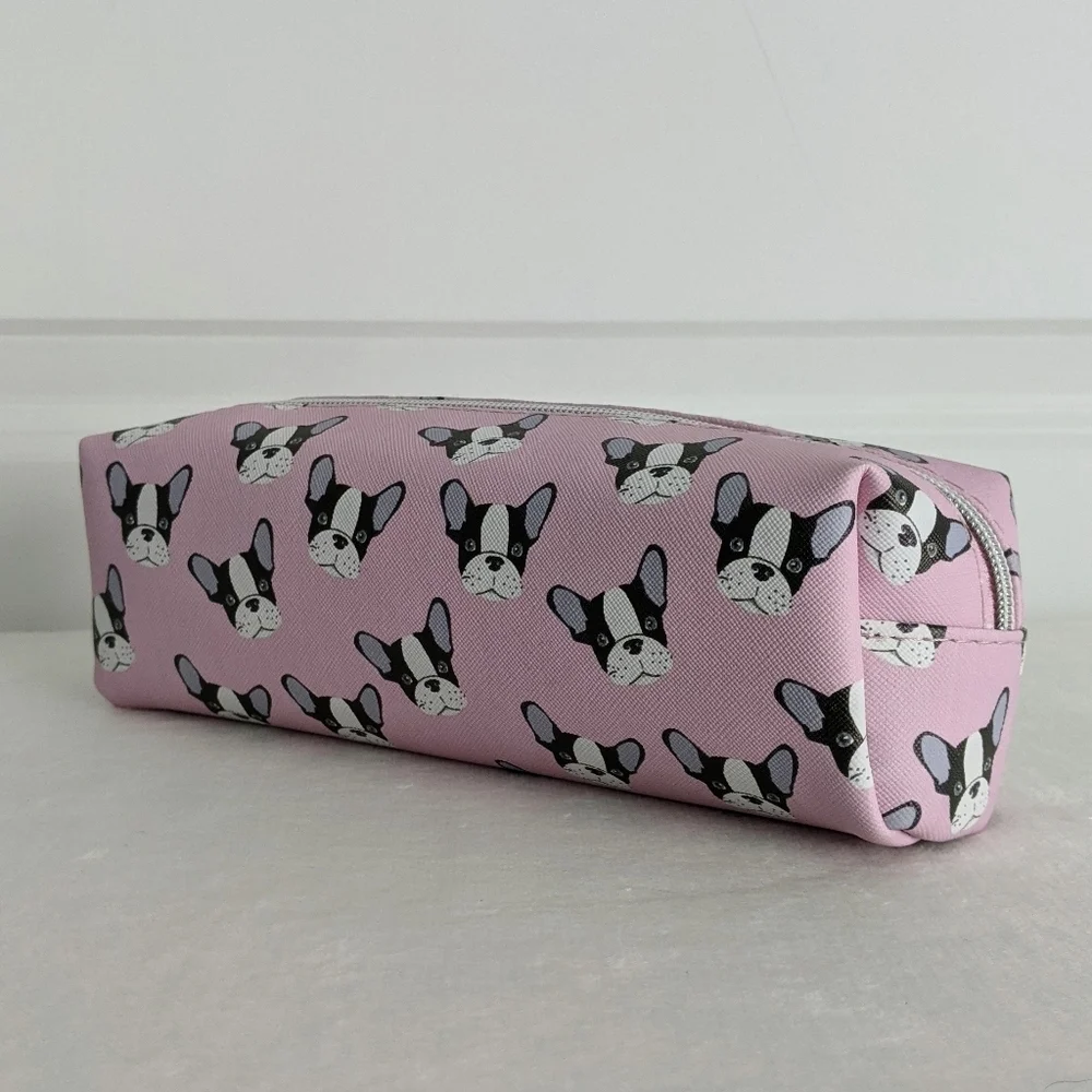 Boston Terrier Frenchie Small Cosmetic Pencil Case PVC Saffiano Pink NWT